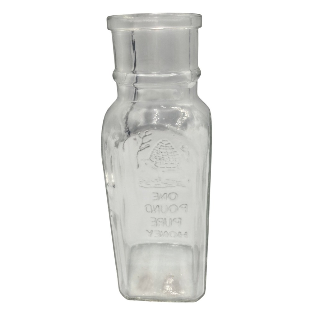 Clear Glass "One Pound Pure Honey" Bottle‎ Jar Embossed Beehive Square 6.5in